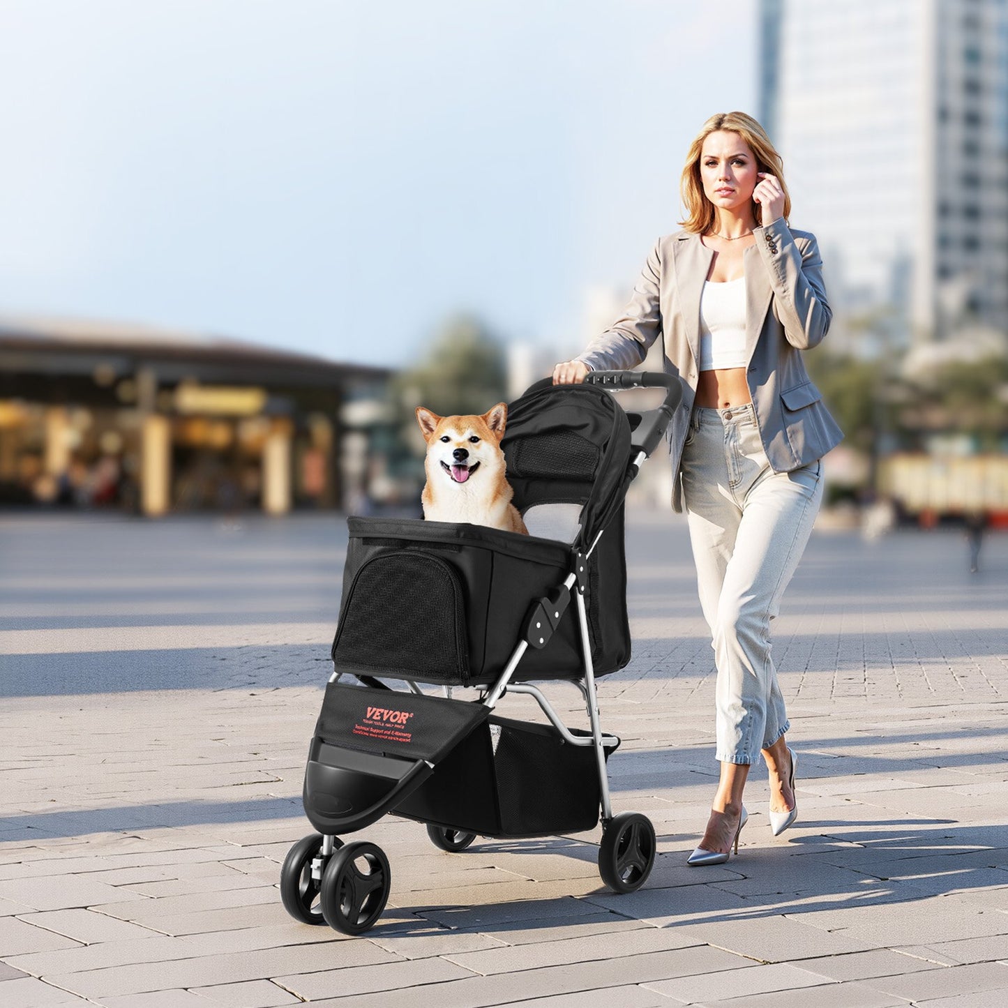 Pet Stroller Foldable 3 Wheels Dog Stroller with Brake Up To 35lbs