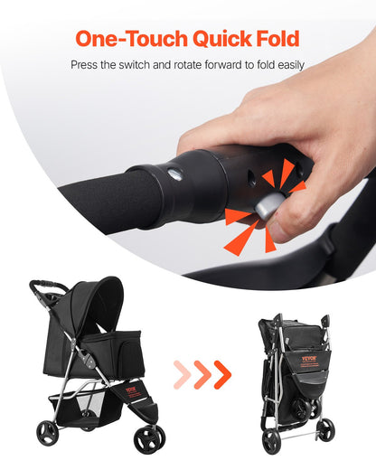 Pet Stroller Foldable 3 Wheels Dog Stroller with Brake Up To 35lbs